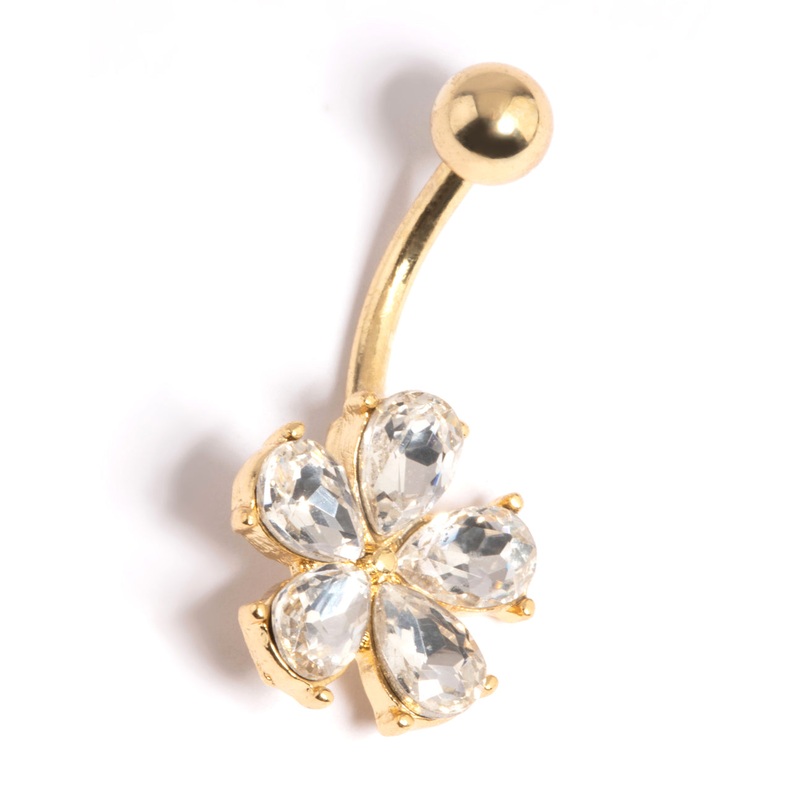 Gold Plated Surgical Steel Diamante Flower Belly Bar