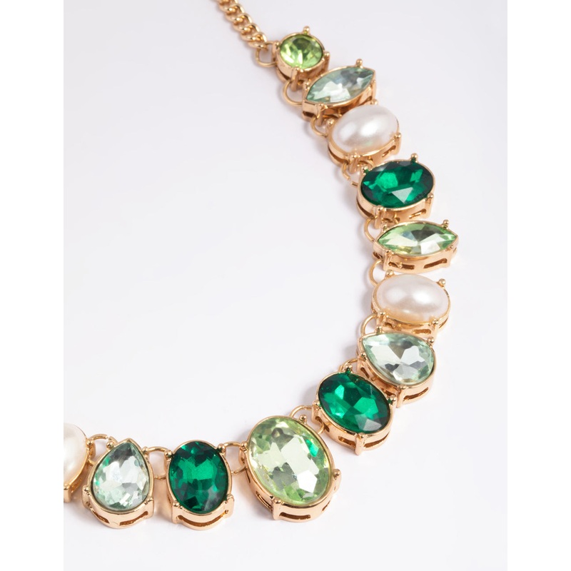 Green Stone & Pearl Collar Necklace