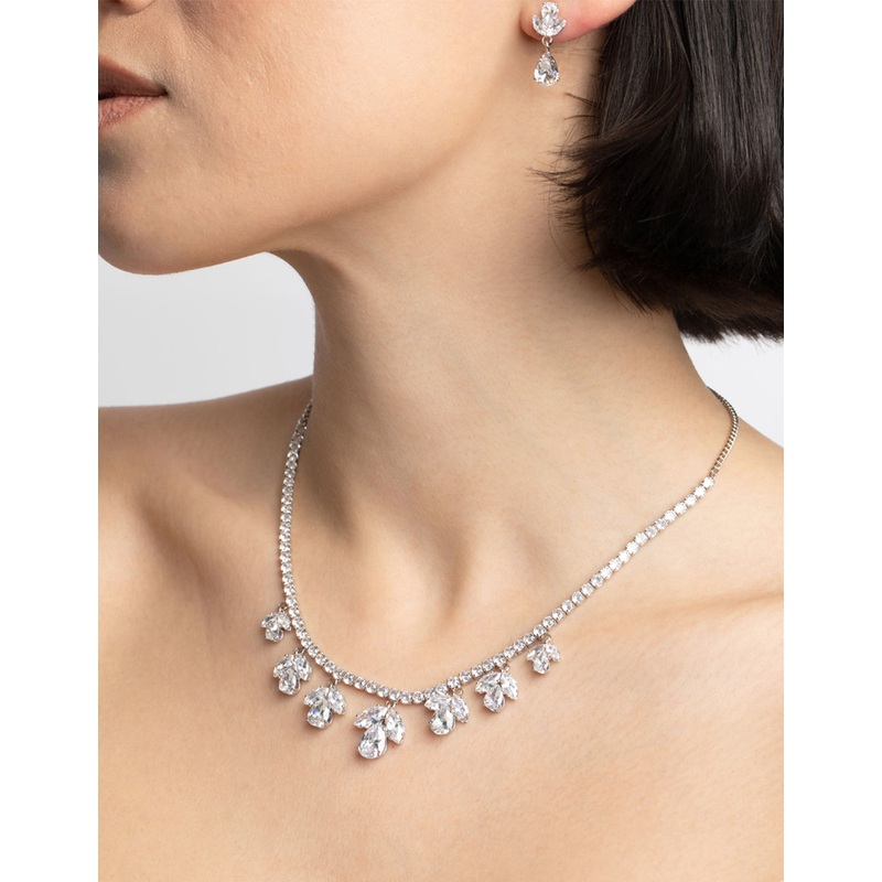 Silver Diamond Simulant Flower Necklace & Earrings Set