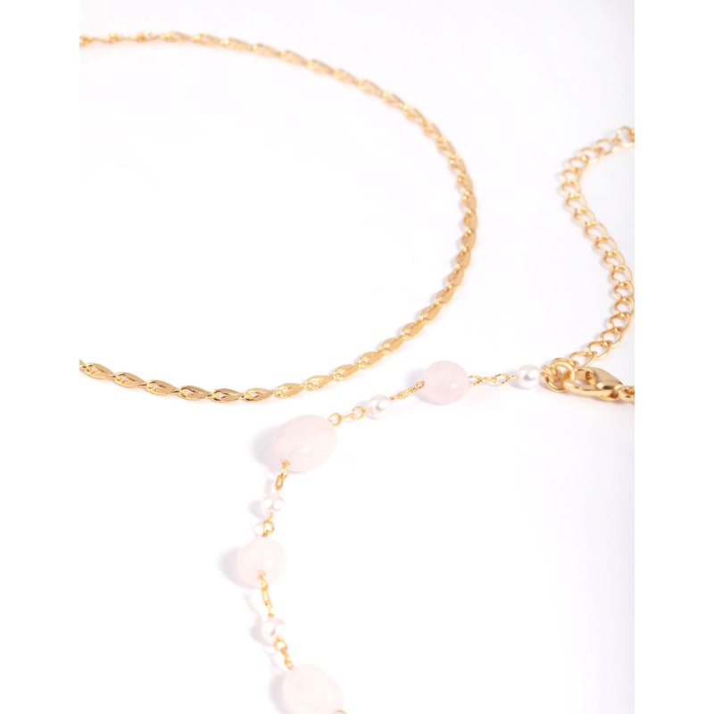 Gold Plated Rose Quartz Chain Anklet Set