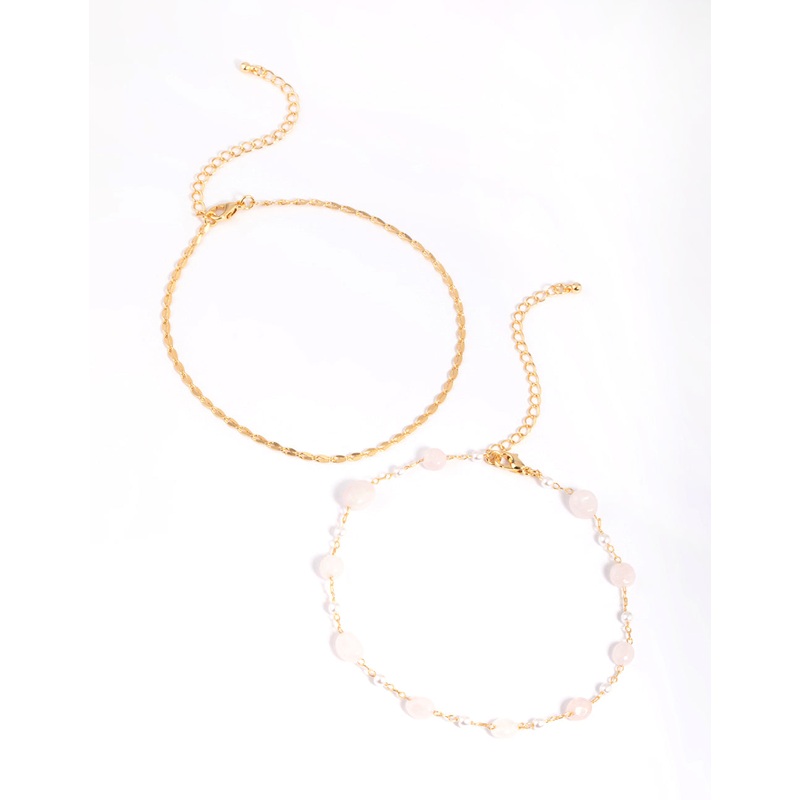 Gold Plated Rose Quartz Chain Anklet Set