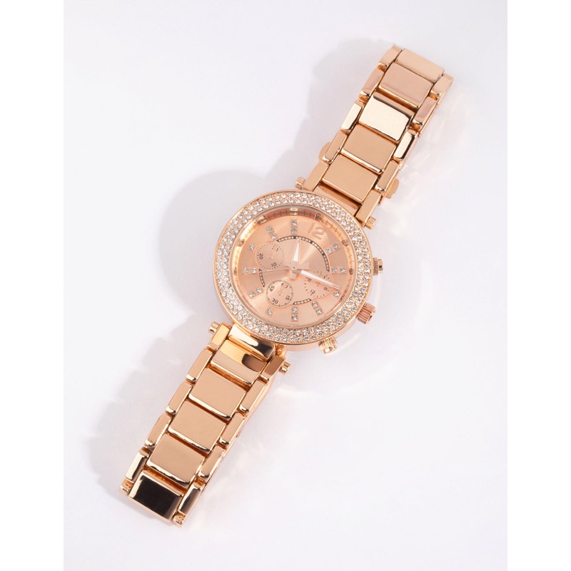 Rose Gold Diamante Surrounded Link Strap Watch