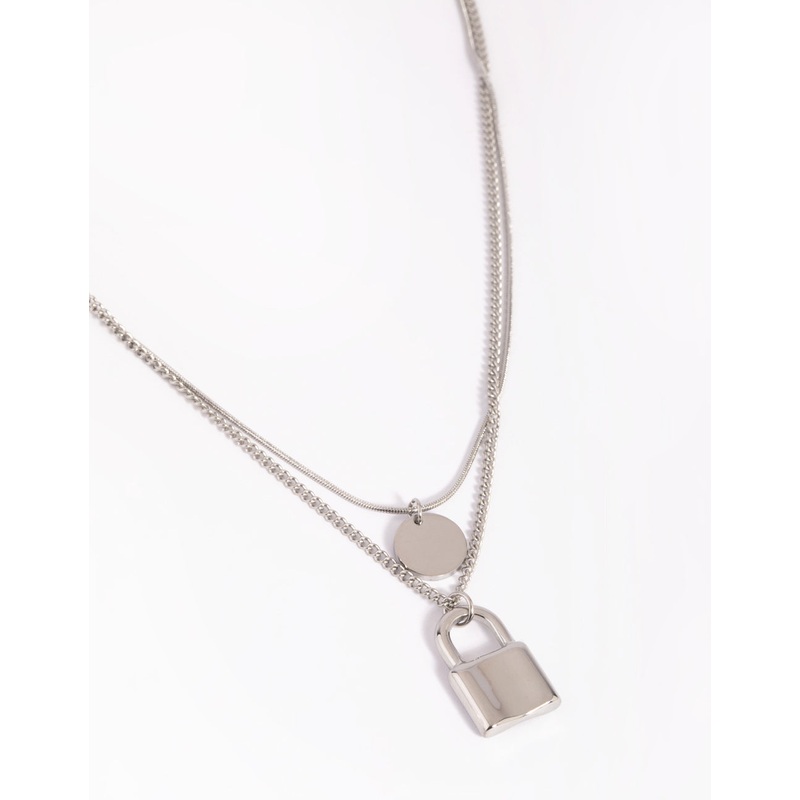 Waterproof Stainless Steel Disc & Padlock Layered Necklace