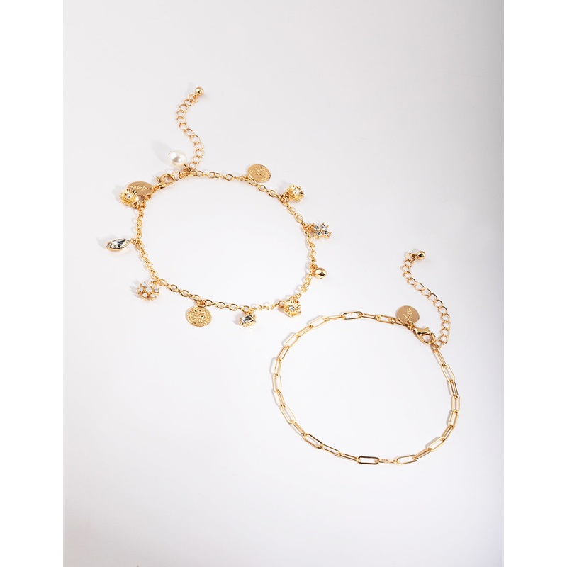 Gold Charm & Chain Anklet Set