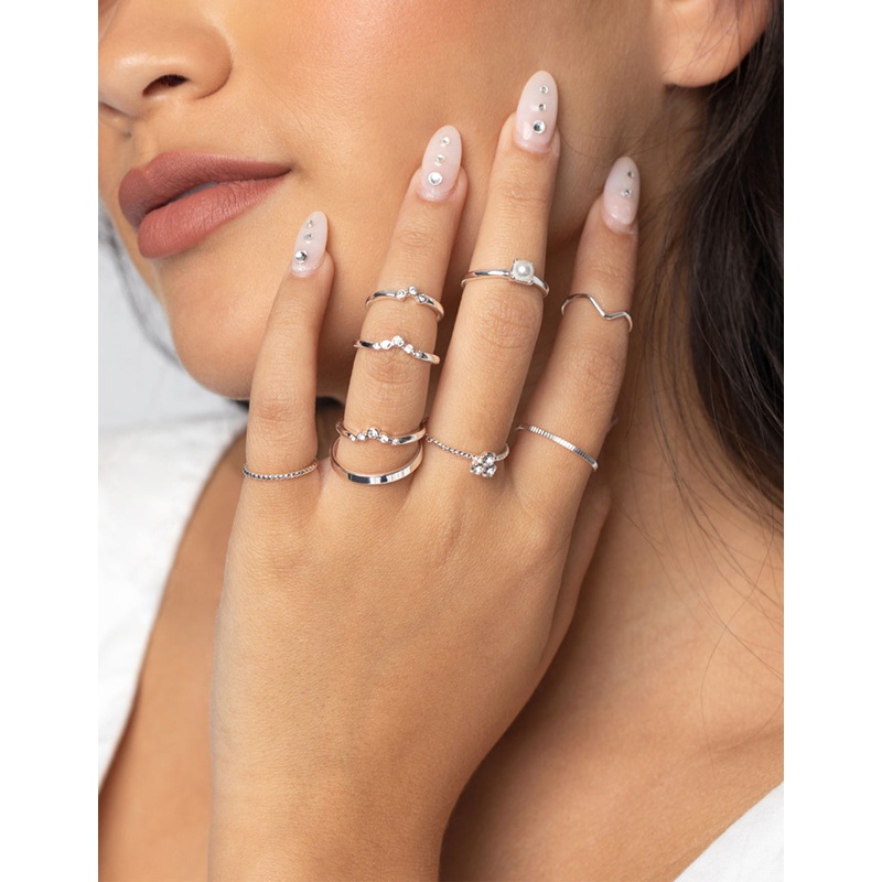 Silver Pearl & Diamante Ring 9-Pack