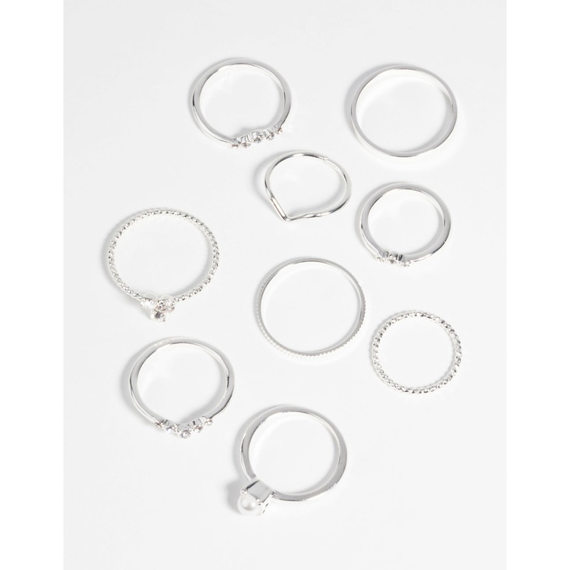 Silver Pearl & Diamante Ring 9-Pack