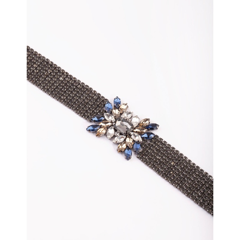 Gunmetal Diamante Flower Choker