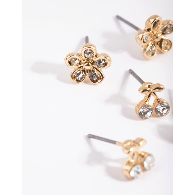 Gold Cherry & Flower Diamante Stud Earring Pack