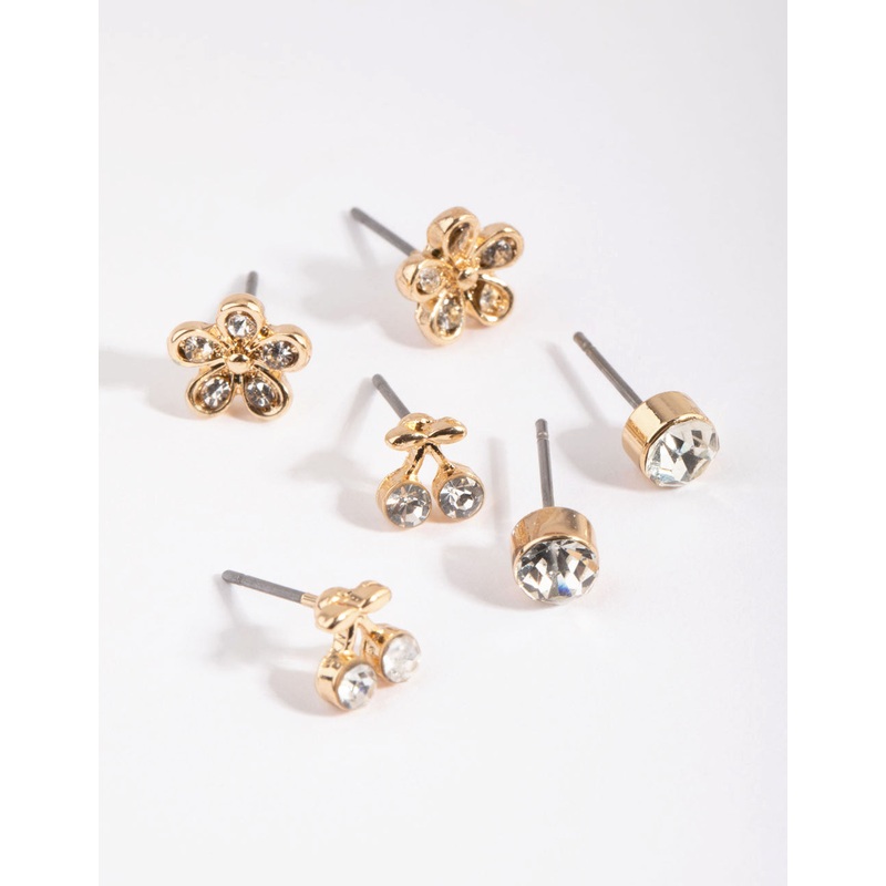 Gold Cherry & Flower Diamante Stud Earring Pack