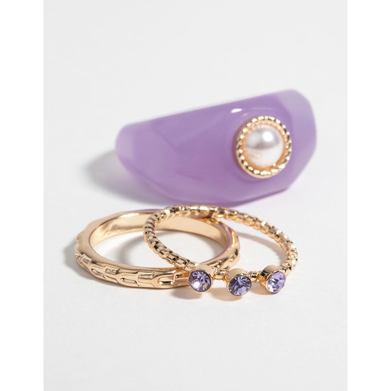 Purple Pearl & Diamante Ring Pack