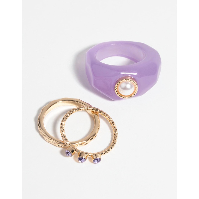 Purple Pearl & Diamante Ring Pack