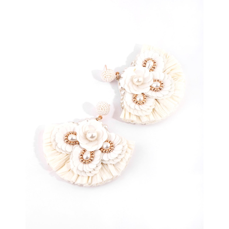 White Raffia Sequin Fan Earrings