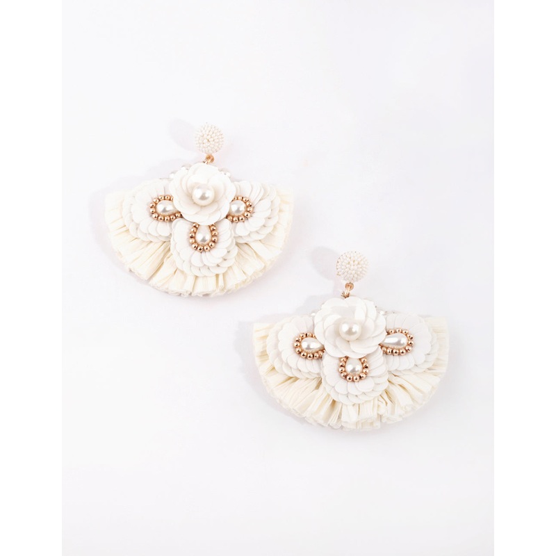 White Raffia Sequin Fan Earrings