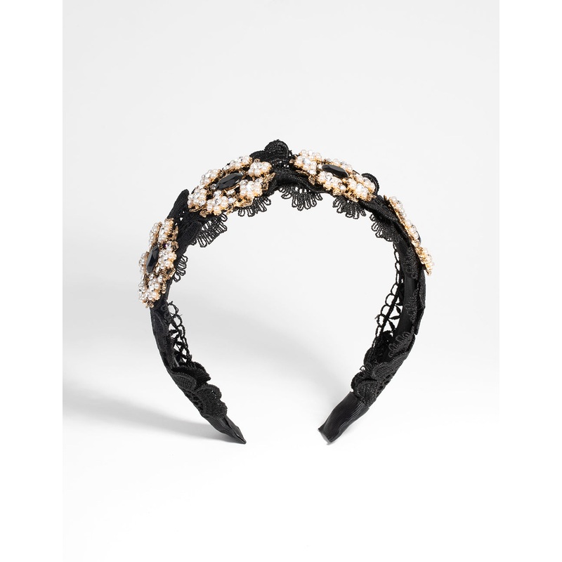 Black Lace & Flower Beaded Headband