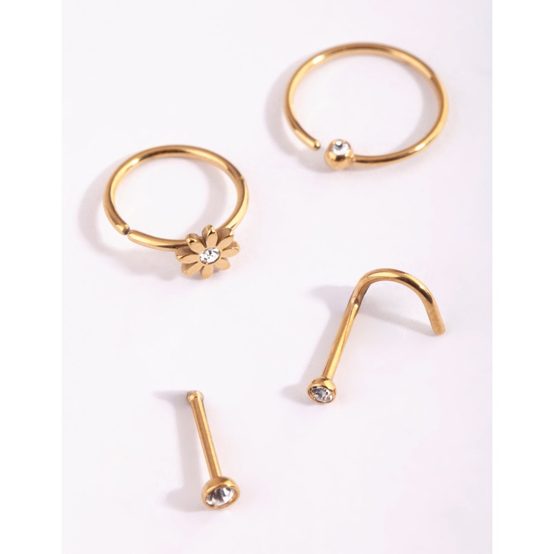 Gold Plated Surgical Steel Flower & Diamante Nose Stud 4-Pack