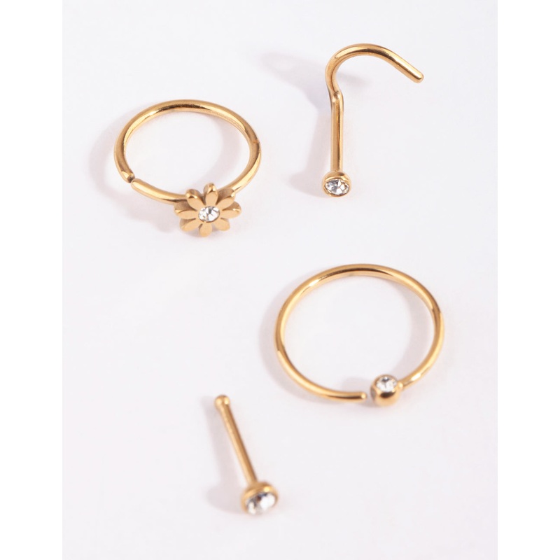 Gold Plated Surgical Steel Flower & Diamante Nose Stud 4-Pack