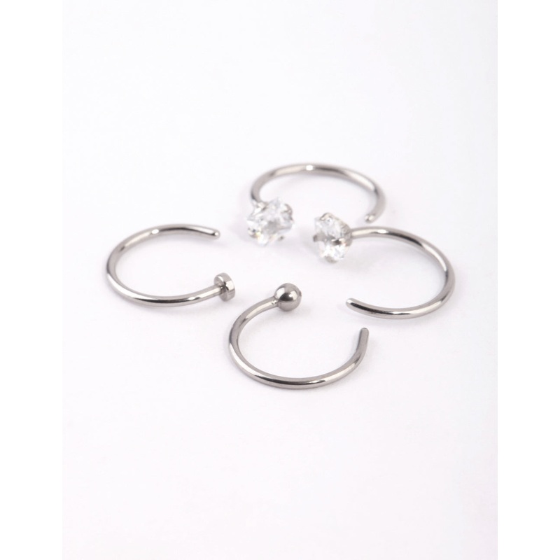 Surgical Steel Silver Martini Set Diamante Nose Ring 4-Pack