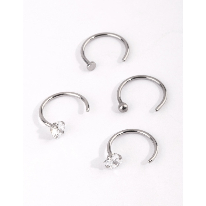 Surgical Steel Silver Martini Set Diamante Nose Ring 4-Pack