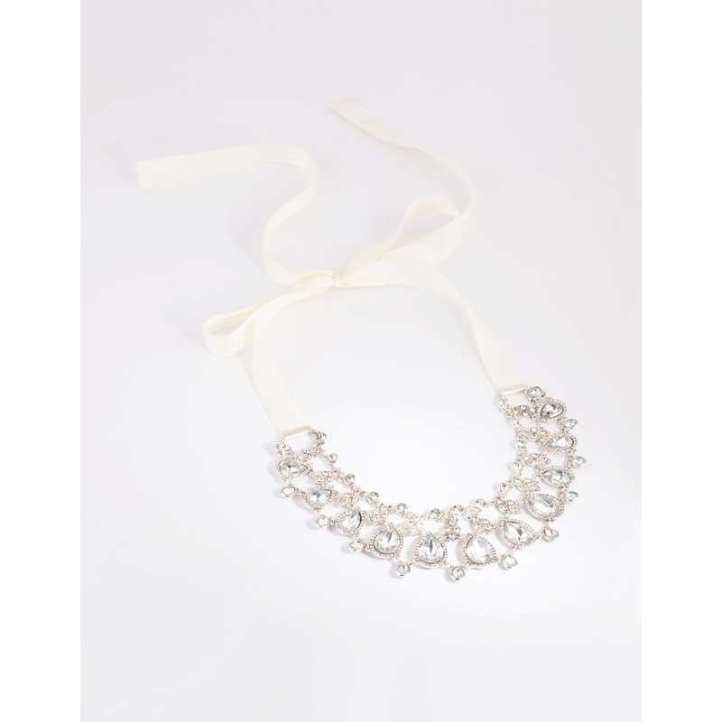 Antique Silver Diamante Ribbon Necklace