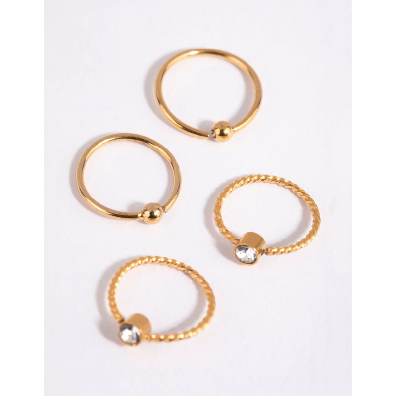 Gold Plated Surgical Steel Textured Diamante Nose Ring 4-Pack