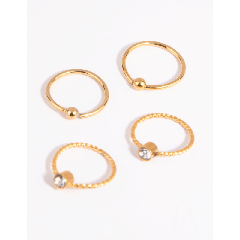 Gold Plated Surgical Steel Textured Diamante Nose Ring 4-Pack
