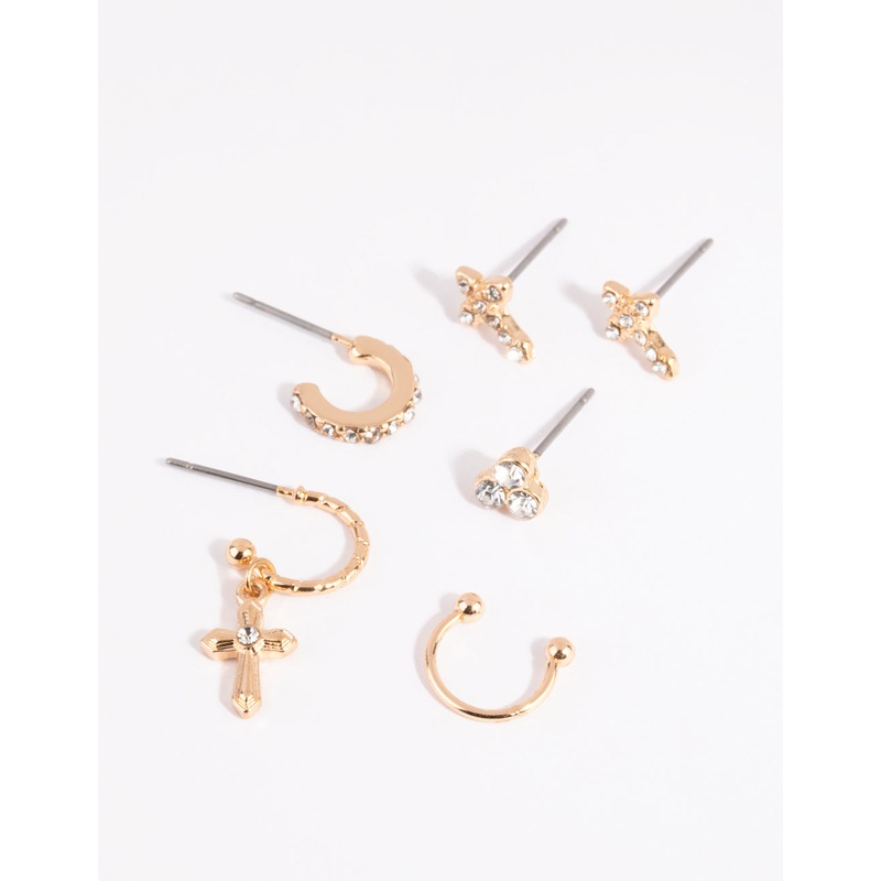Gold Cross & Diamante Ear Cuff Stack 6-Pack