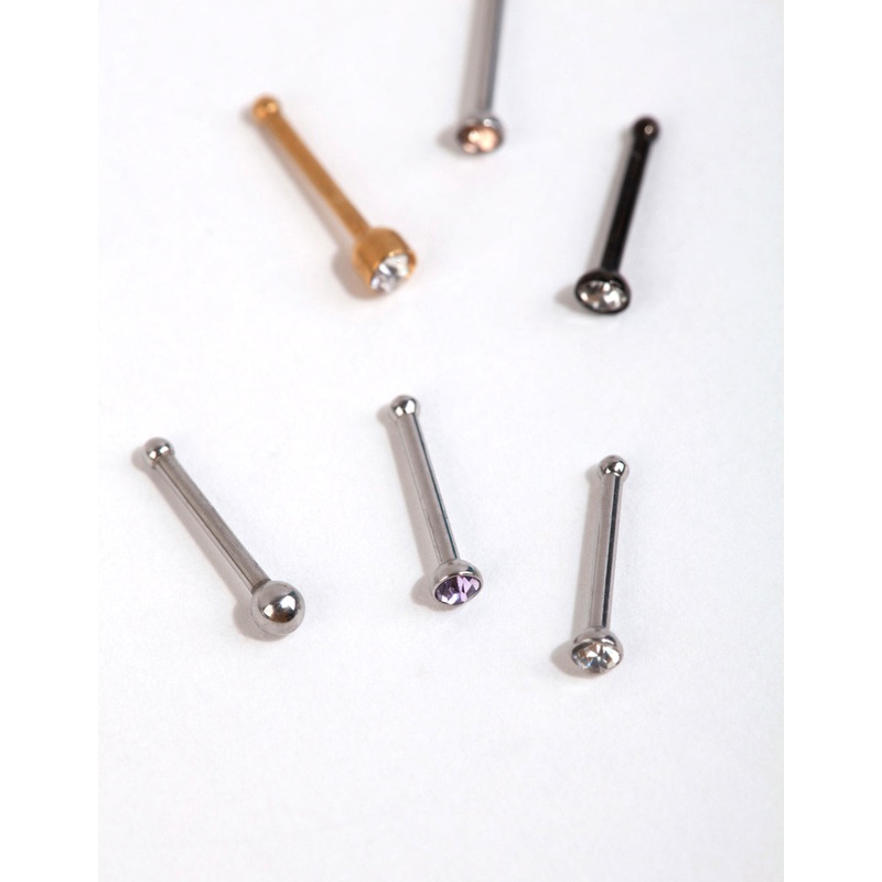Mixed Metal Ball & Diamante Nose Stud 6-Pack