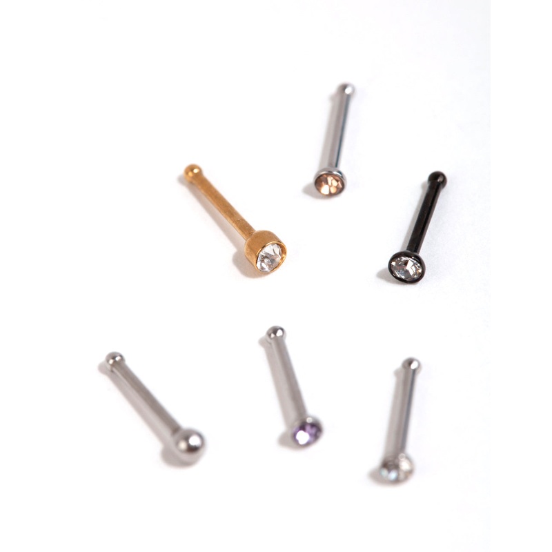 Mixed Metal Ball & Diamante Nose Stud 6-Pack