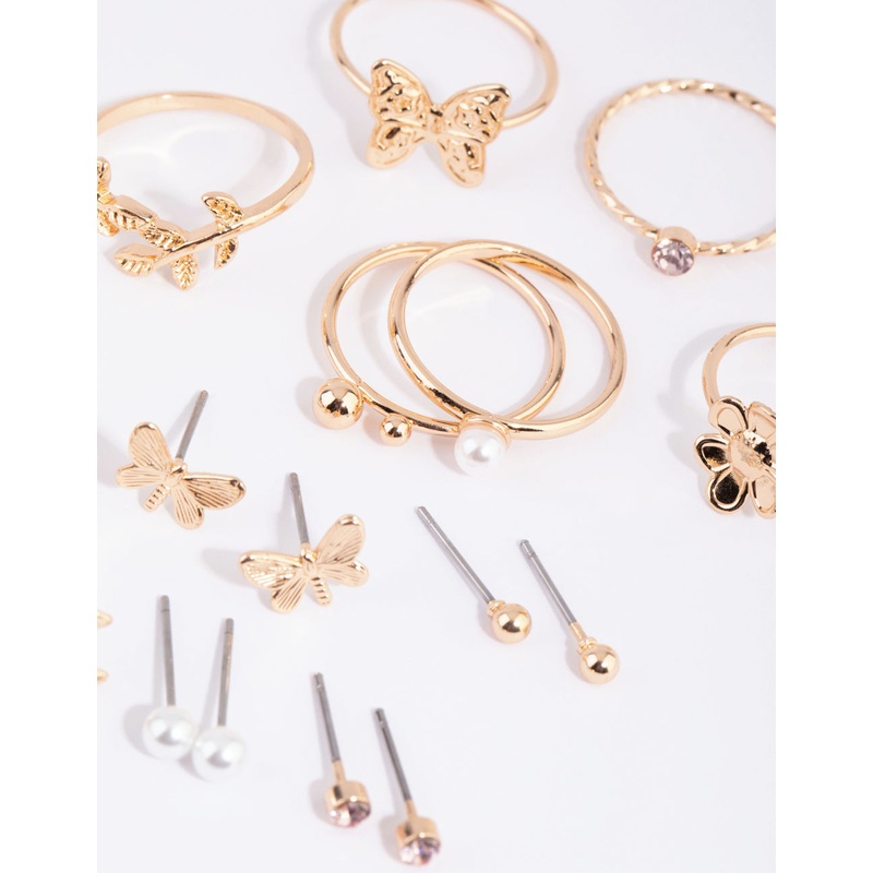 Gold Butterly & Pearl Earring & Ring Pack
