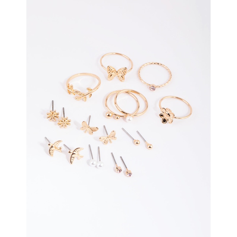Gold Butterly & Pearl Earring & Ring Pack