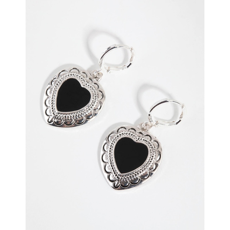 Antique Silver Enamel Centre Heart Earrings
