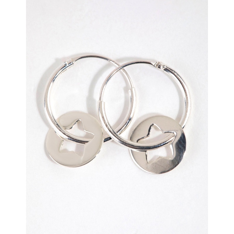 Sterling Silver Star Disc Hoop Earrings