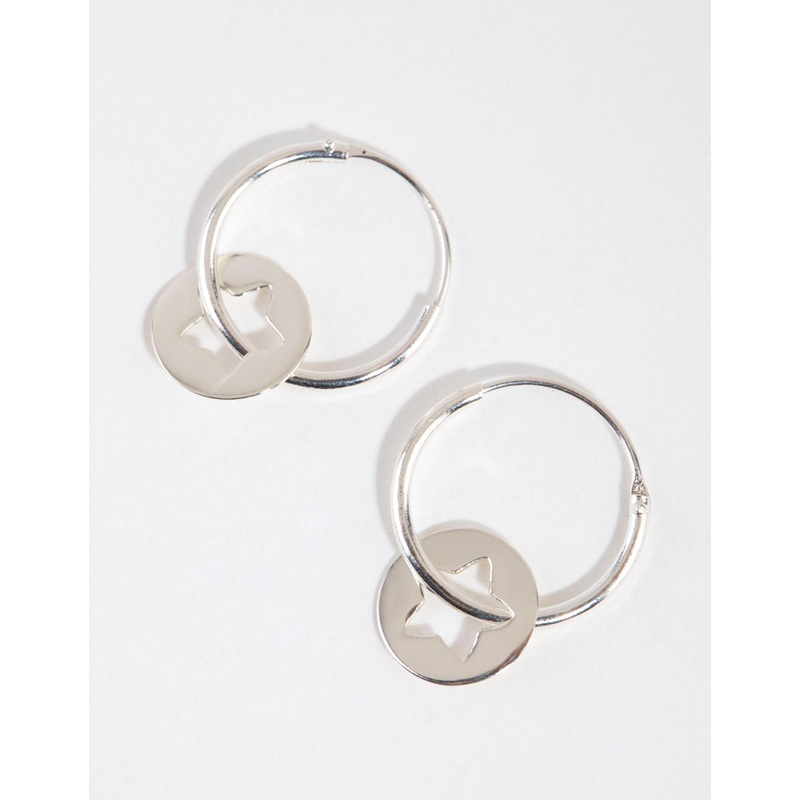 Sterling Silver Star Disc Hoop Earrings