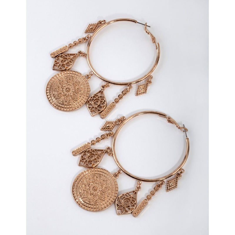 Antique Gold Large Metal Charms Hoop Earrings