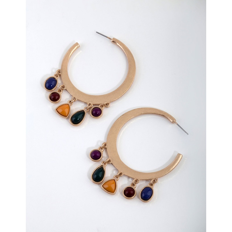 Worn Gold Mixed Stone Hoop Earrings