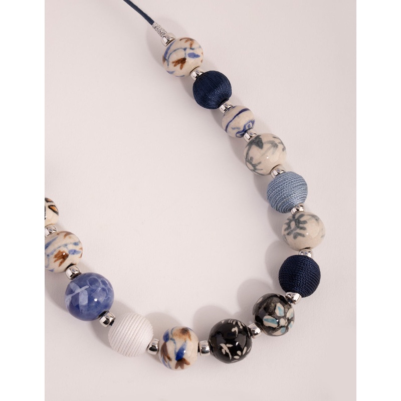 Silver Mixed Porcelain Bead Rope Necklace