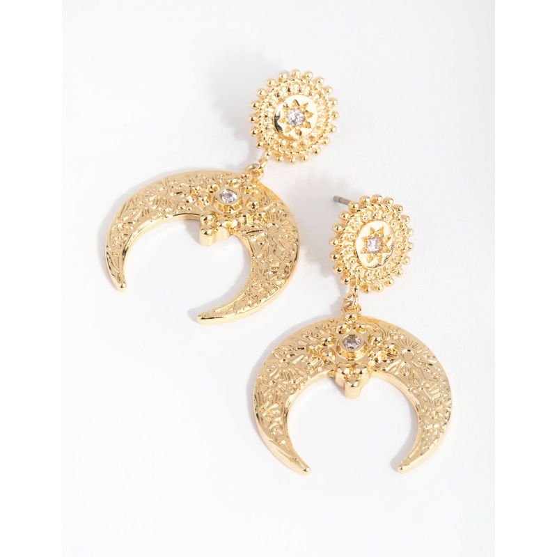 18ct Gold Plated Cubic Zirconia Textured Crescent Moon Earrings