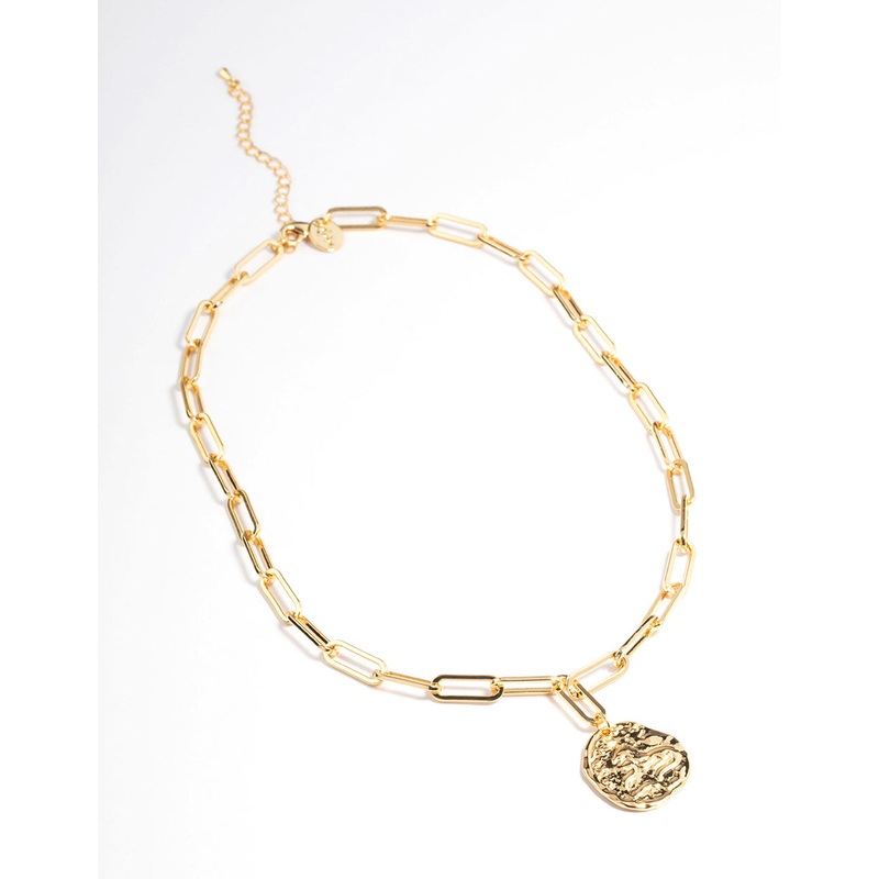 Gold Brass Coin Pendant Link Necklace
