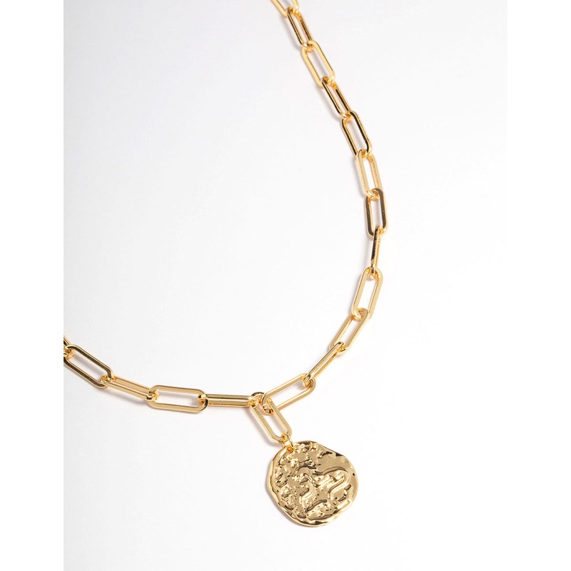 Gold Brass Coin Pendant Link Necklace
