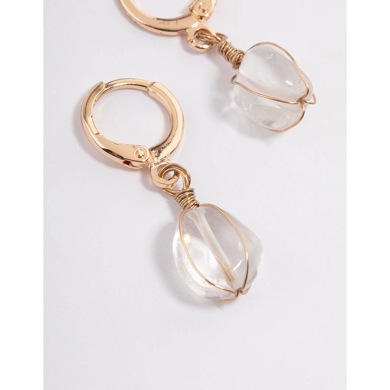 Gold Clear Quartz Wire Wrap Huggie Earrings