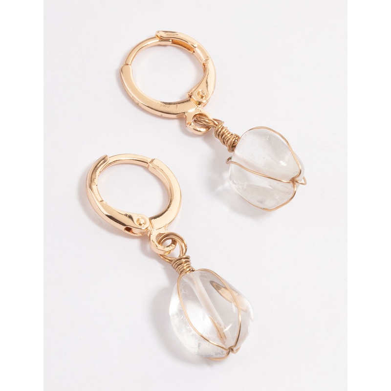 Gold Clear Quartz Wire Wrap Huggie Earrings
