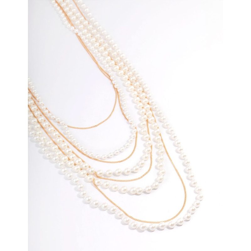 Gold Pearl Long Layered Necklace
