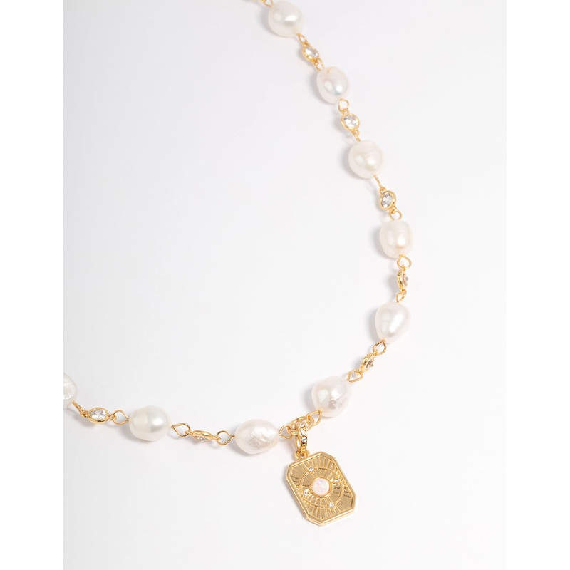 Gold Plated Freshwater Pearl Diamante Chain Pendant Necklace
