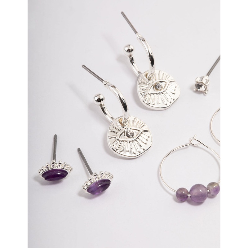 Silver Amethyst Evil Eye Diamante Earrings Stack