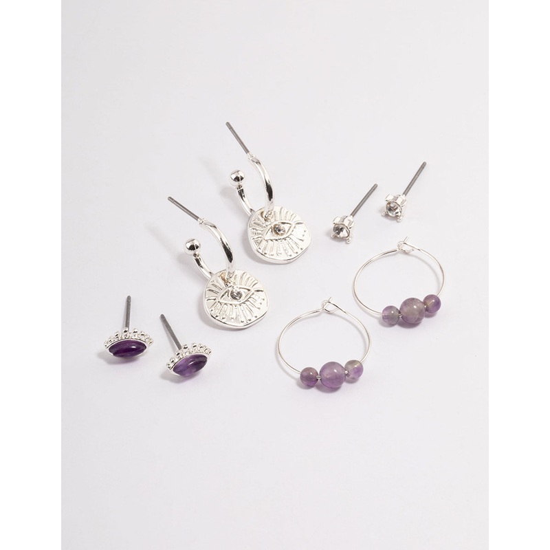 Silver Amethyst Evil Eye Diamante Earrings Stack