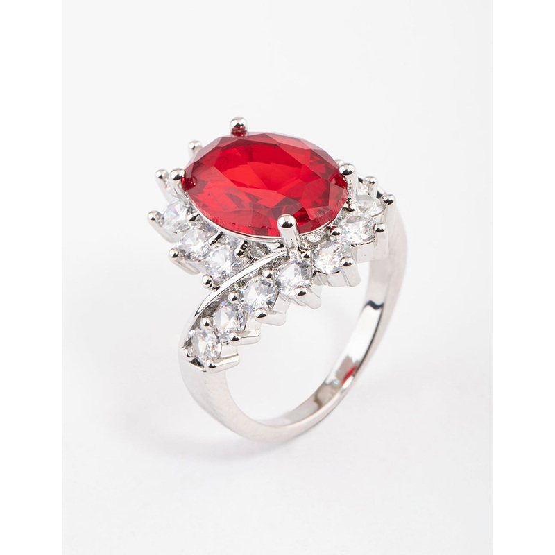 Silver Cubic Zirconia Vintage Red Oval Ring