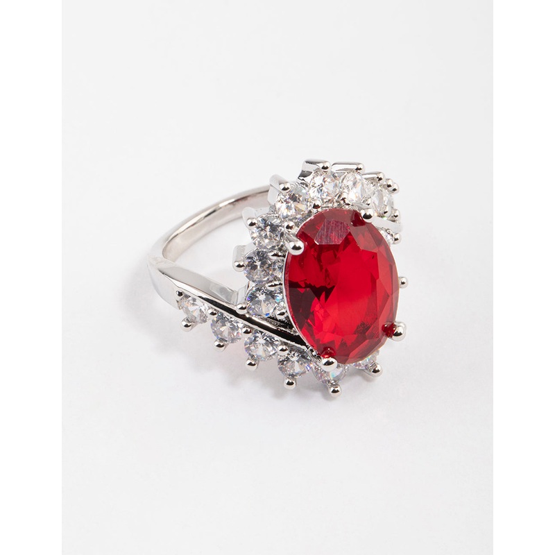 Silver Cubic Zirconia Vintage Red Oval Ring
