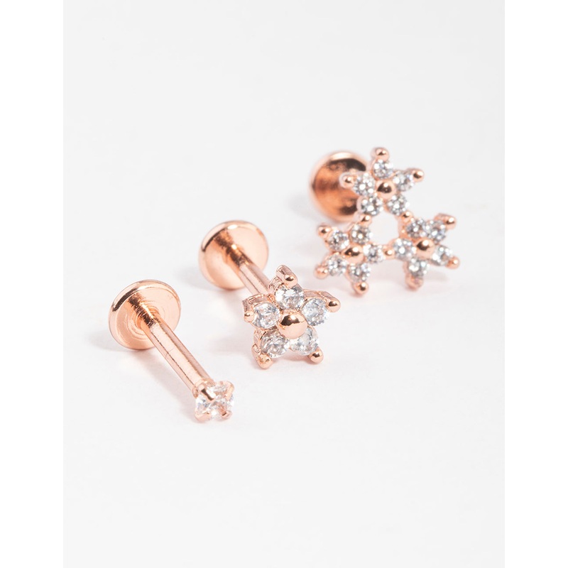 Titanium Rose Gold Cubic Zirconia Floral Flat Back Pack