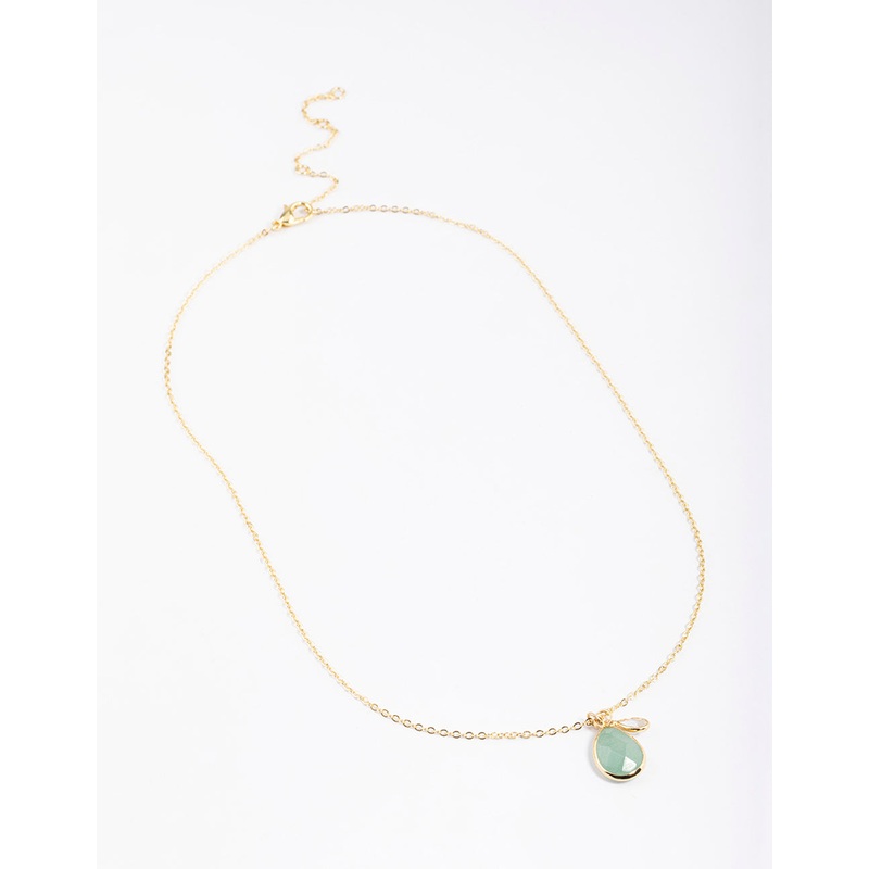 Gold Plated Green Adventurine Cubic Zirconia Droplet Pendant Necklace