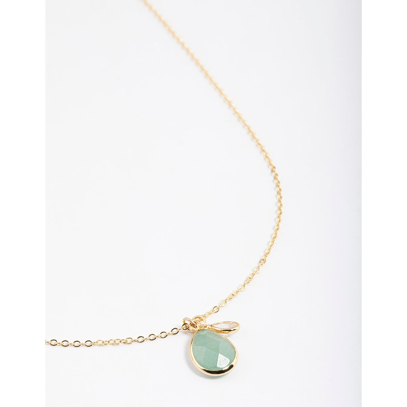 Gold Plated Green Adventurine Cubic Zirconia Droplet Pendant Necklace